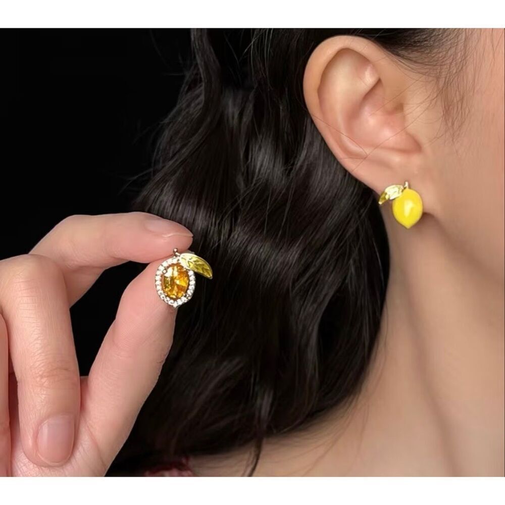 Anthro Cute Lemon Fruit Dangle Earrings Yellow Enamel Gold Tone Rhinestone